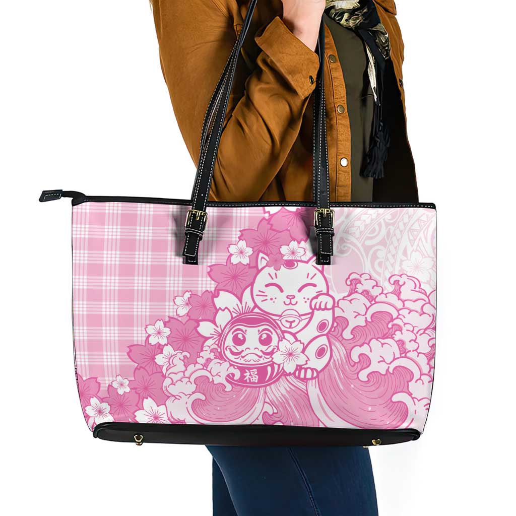 Pink Palaka Hawaiian And Japanese Leather Tote Bag Maneki Neko And Sakura Bloom