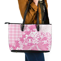 Pink Palaka Hawaiian And Japanese Leather Tote Bag Maneki Neko And Sakura Bloom