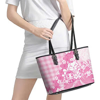 Pink Palaka Hawaiian And Japanese Leather Tote Bag Maneki Neko And Sakura Bloom