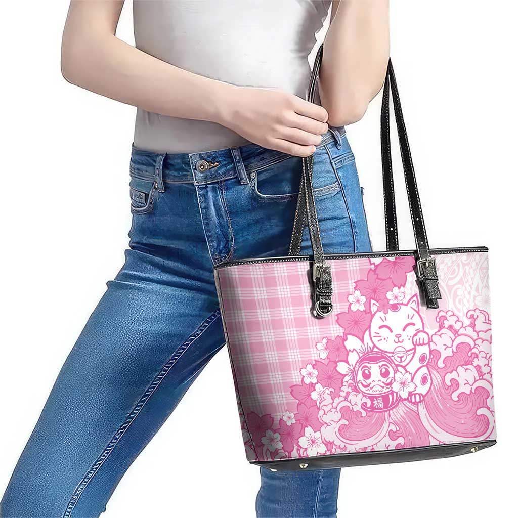 Pink Palaka Hawaiian And Japanese Leather Tote Bag Maneki Neko And Sakura Bloom