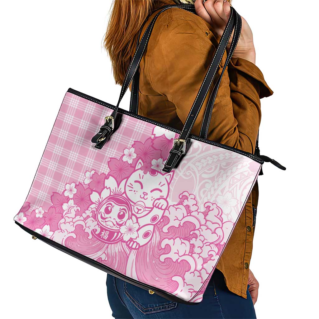 Pink Palaka Hawaiian And Japanese Leather Tote Bag Maneki Neko And Sakura Bloom