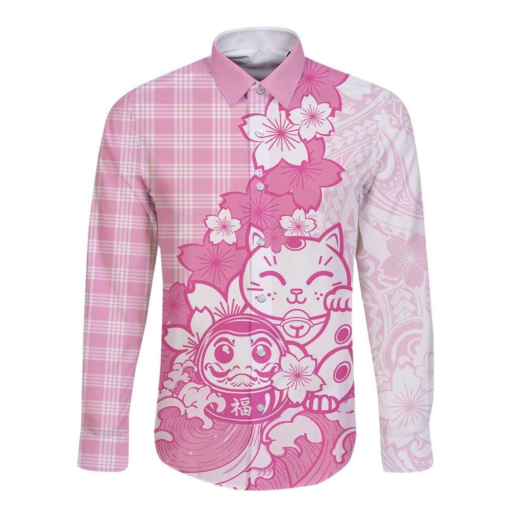 Pink Palaka Hawaiian And Japanese Long Sleeve Button Shirt Maneki Neko And Sakura Bloom DT05 Unisex Pink - Polynesian Pride