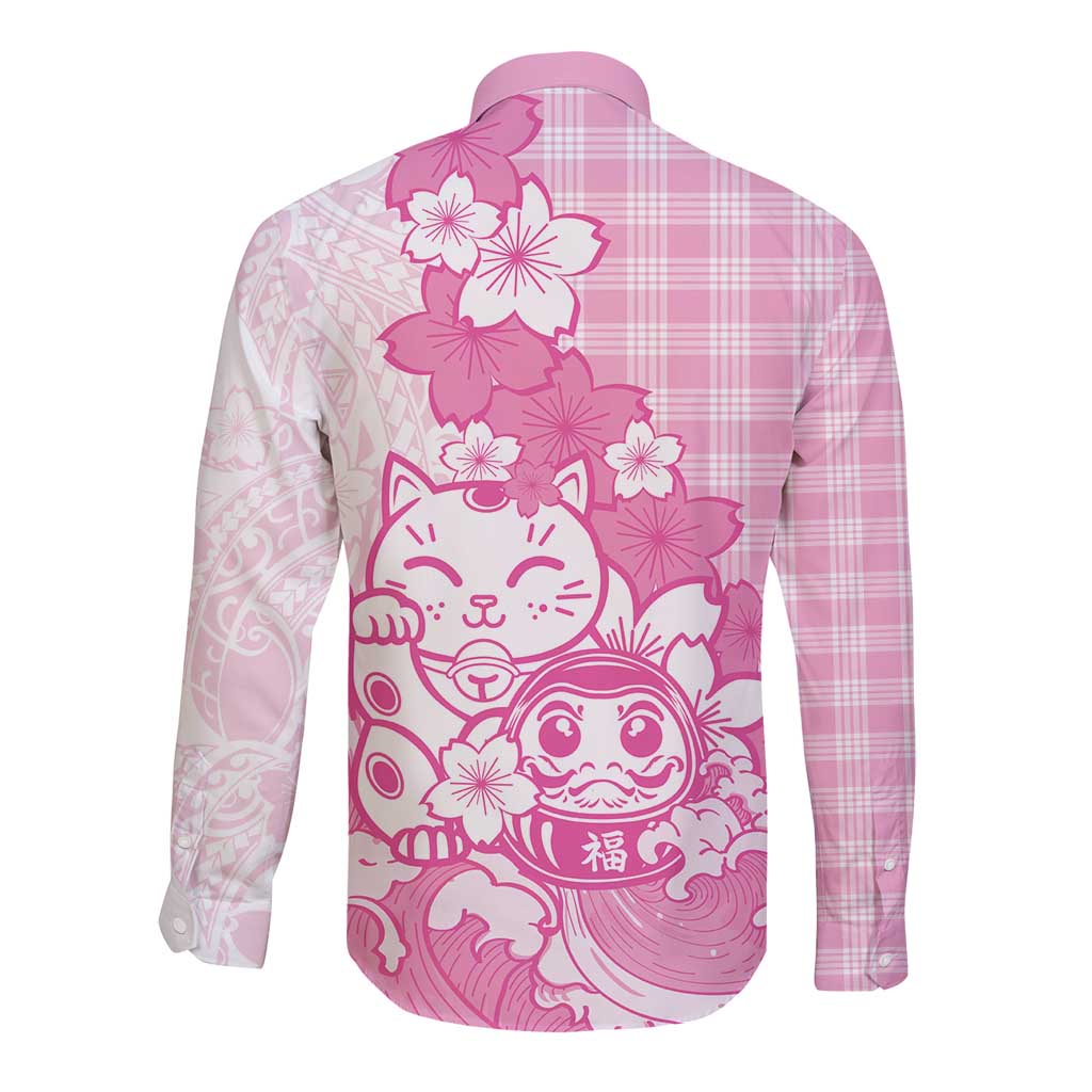 Pink Palaka Hawaiian And Japanese Long Sleeve Button Shirt Maneki Neko And Sakura Bloom DT05 - Polynesian Pride