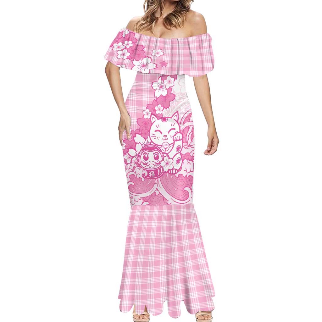 Pink Palaka Hawaiian And Japanese Mermaid Dress Maneki Neko And Sakura Bloom