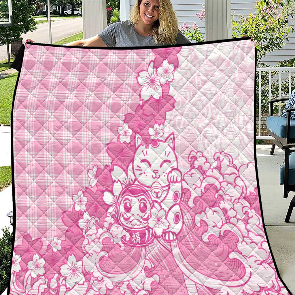 Pink Palaka Hawaiian And Japanese Quilt Maneki Neko And Sakura Bloom DT05 Pink - Polynesian Pride