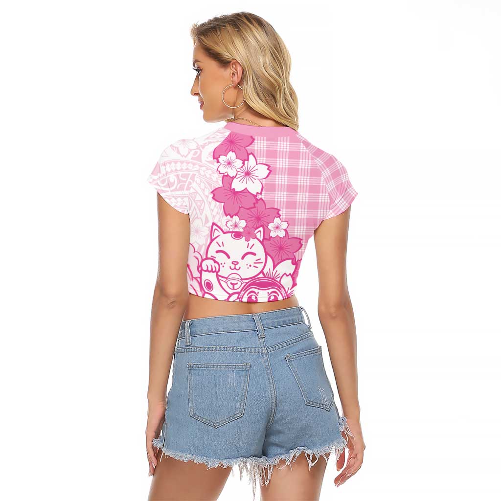 Pink Palaka Hawaiian And Japanese Raglan Cropped T Shirt Maneki Neko And Sakura Bloom DT05 - Polynesian Pride