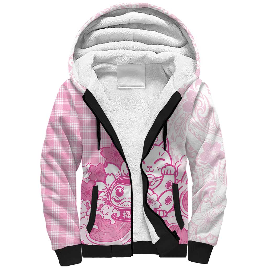 Pink Palaka Hawaiian And Japanese Sherpa Hoodie Maneki Neko And Sakura Bloom