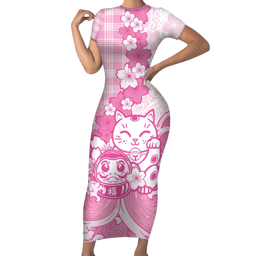 Pink Palaka Hawaiian And Japanese Short Sleeve Bodycon Dress Maneki Neko And Sakura Bloom DT05 Long Dress Pink - Polynesian Pride