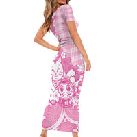 Pink Palaka Hawaiian And Japanese Short Sleeve Bodycon Dress Maneki Neko And Sakura Bloom DT05 - Polynesian Pride