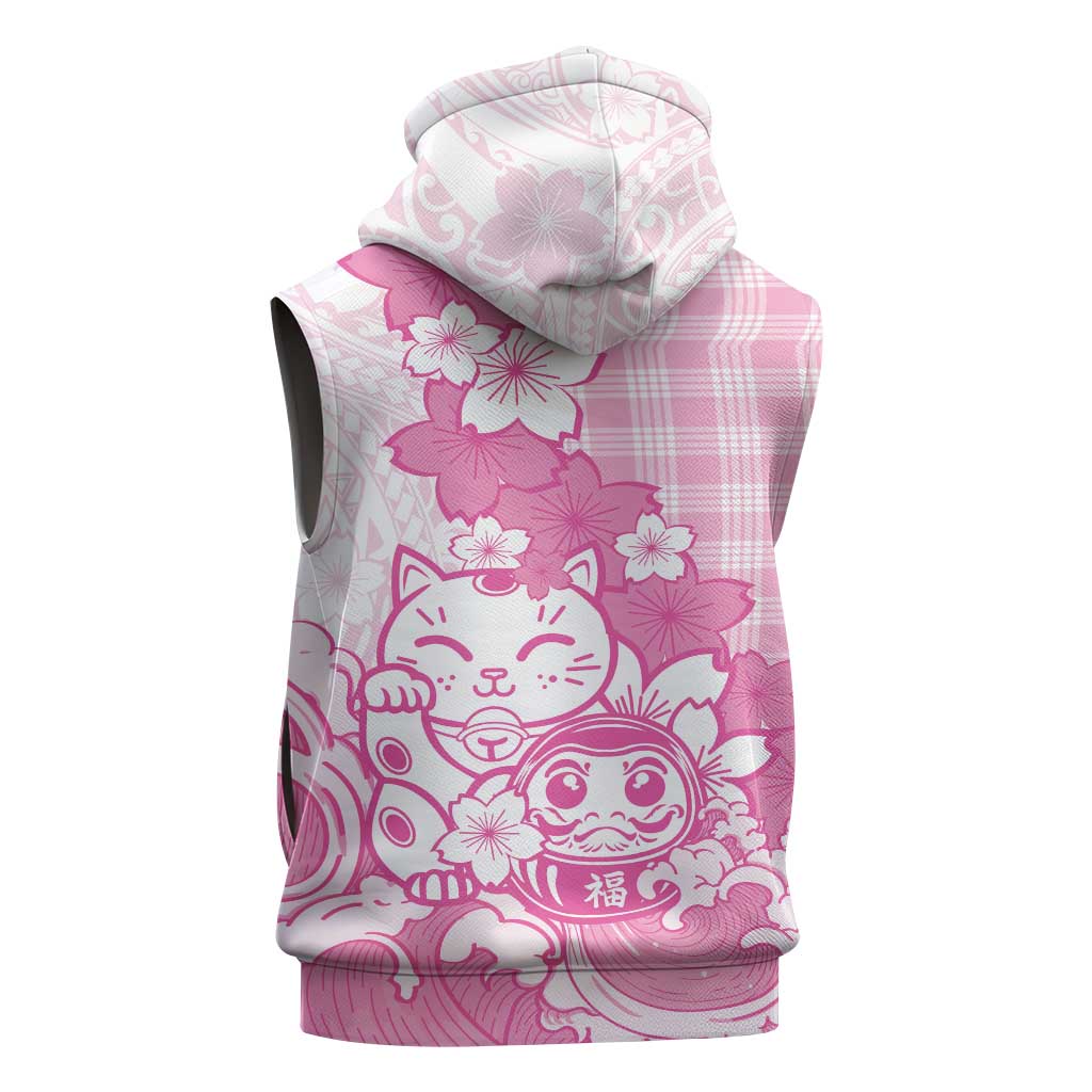 Pink Palaka Hawaiian And Japanese Sleeveless Hoodie Maneki Neko And Sakura Bloom DT05 - Polynesian Pride