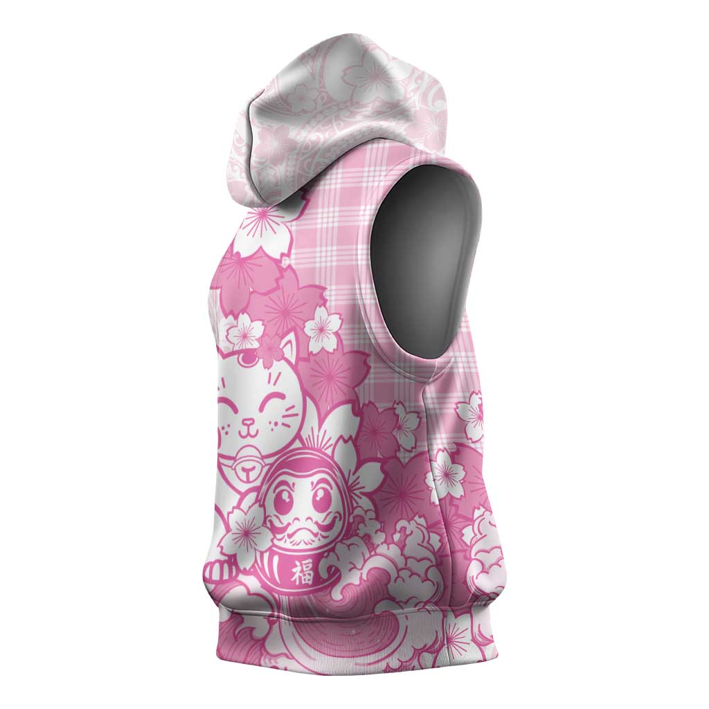 Pink Palaka Hawaiian And Japanese Sleeveless Hoodie Maneki Neko And Sakura Bloom DT05 - Polynesian Pride