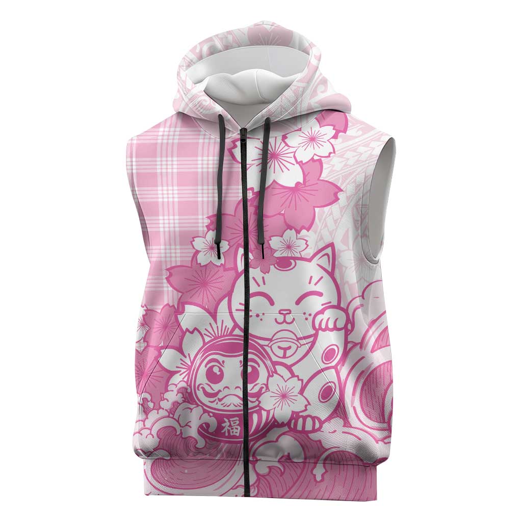 Pink Palaka Hawaiian And Japanese Sleeveless Zip Hoodie Maneki Neko And Sakura Bloom DT05 Pink - Polynesian Pride