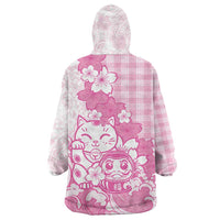 Pink Palaka Hawaiian And Japanese Wearable Blanket Hoodie Maneki Neko And Sakura Bloom