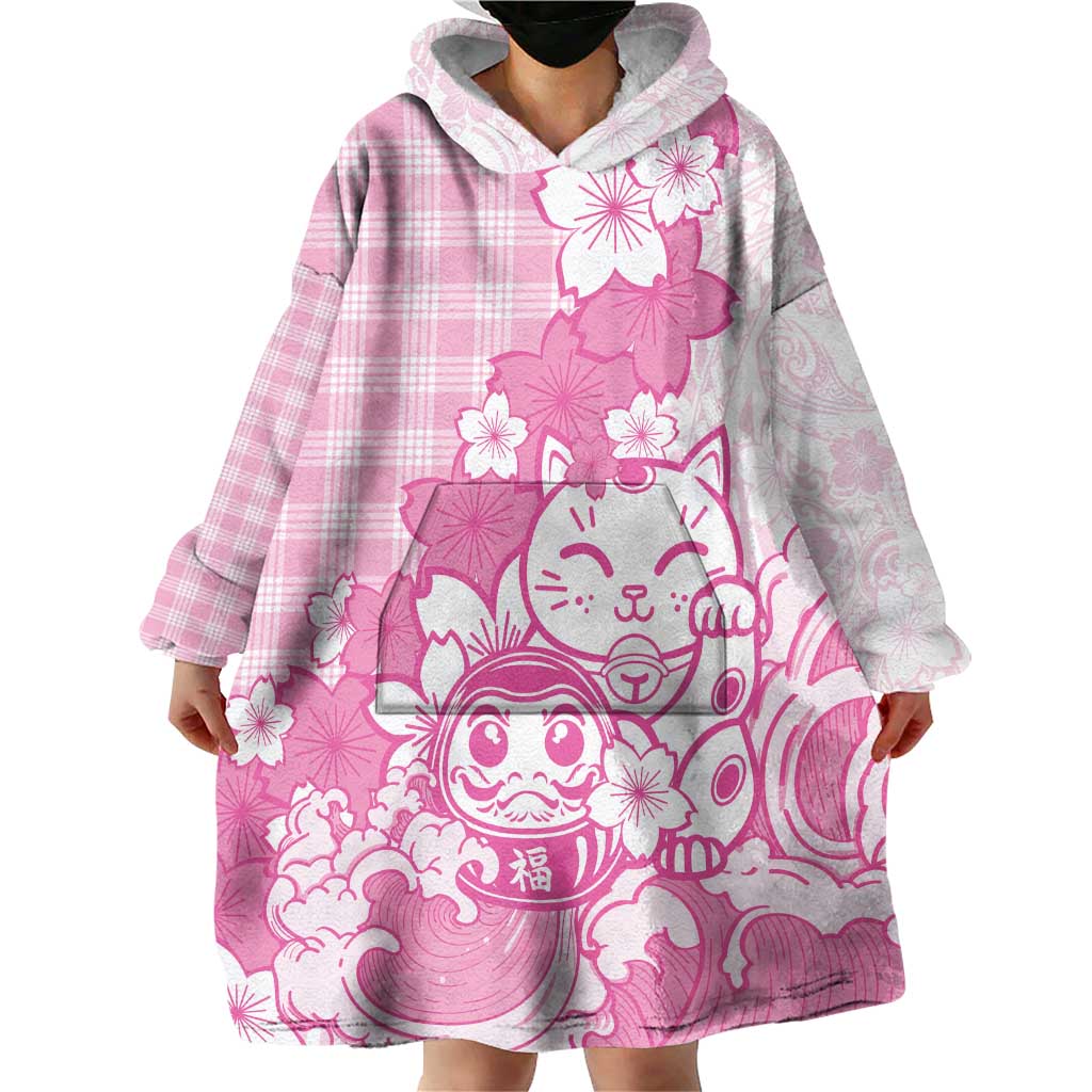 Pink Palaka Hawaiian And Japanese Wearable Blanket Hoodie Maneki Neko And Sakura Bloom
