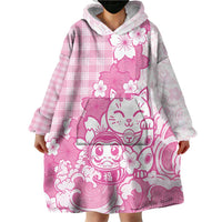 Pink Palaka Hawaiian And Japanese Wearable Blanket Hoodie Maneki Neko And Sakura Bloom