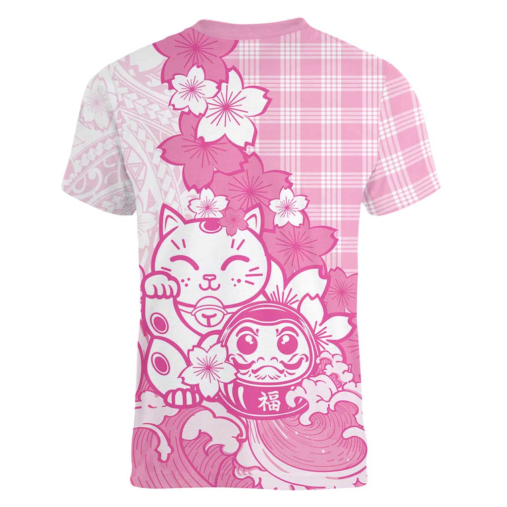 Pink Palaka Hawaiian And Japanese Women V-Neck T-Shirt Maneki Neko And Sakura Bloom
