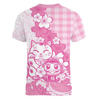 Pink Palaka Hawaiian And Japanese Women V-Neck T-Shirt Maneki Neko And Sakura Bloom