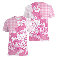 Pink Palaka Hawaiian And Japanese Women V-Neck T-Shirt Maneki Neko And Sakura Bloom