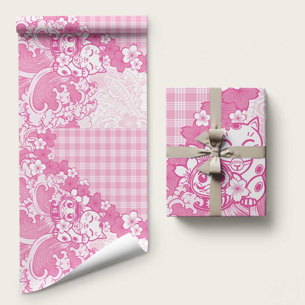 Pink Palaka Hawaiian And Japanese Wrapping Paper Maneki Neko And Sakura Bloom