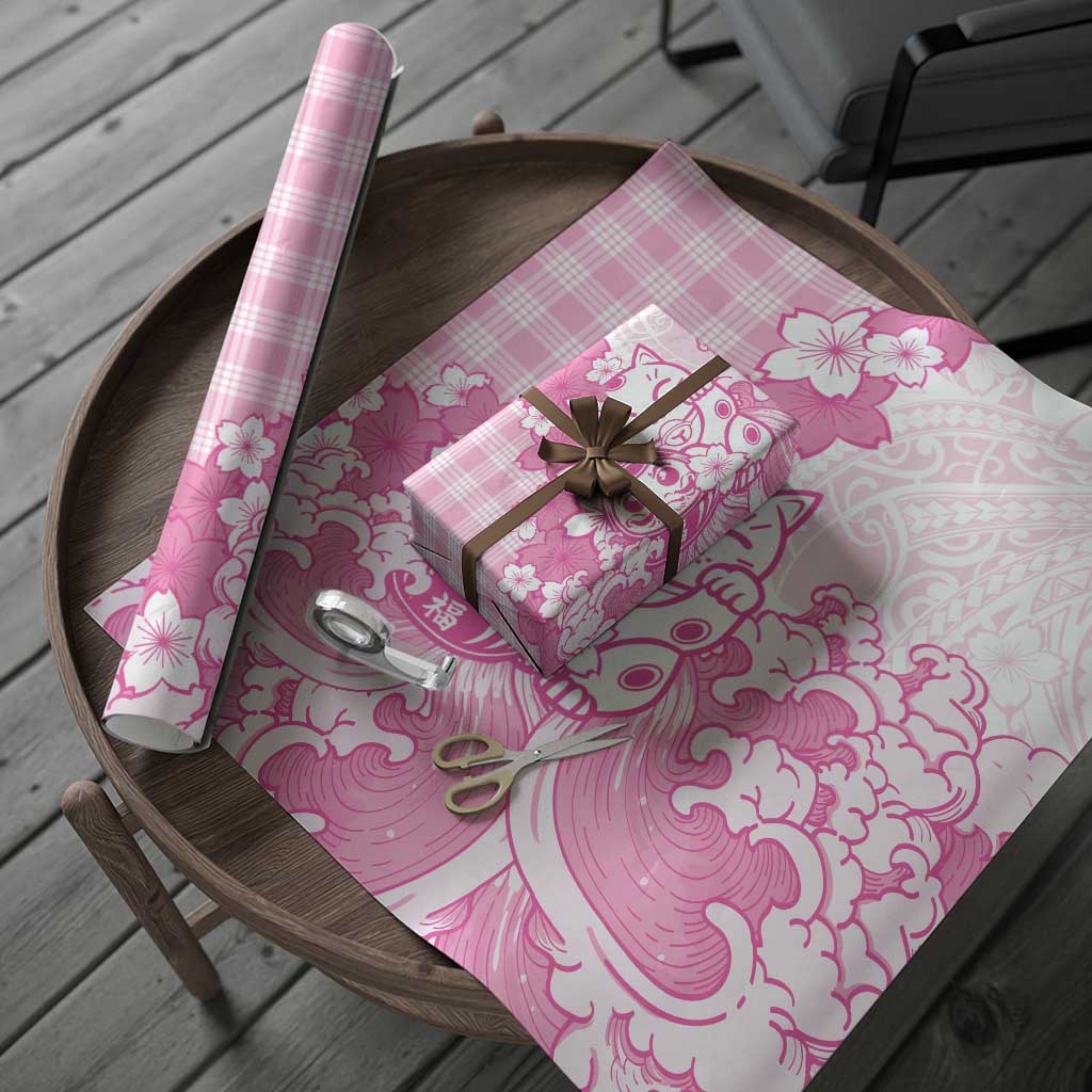 Pink Palaka Hawaiian And Japanese Wrapping Paper Maneki Neko And Sakura Bloom
