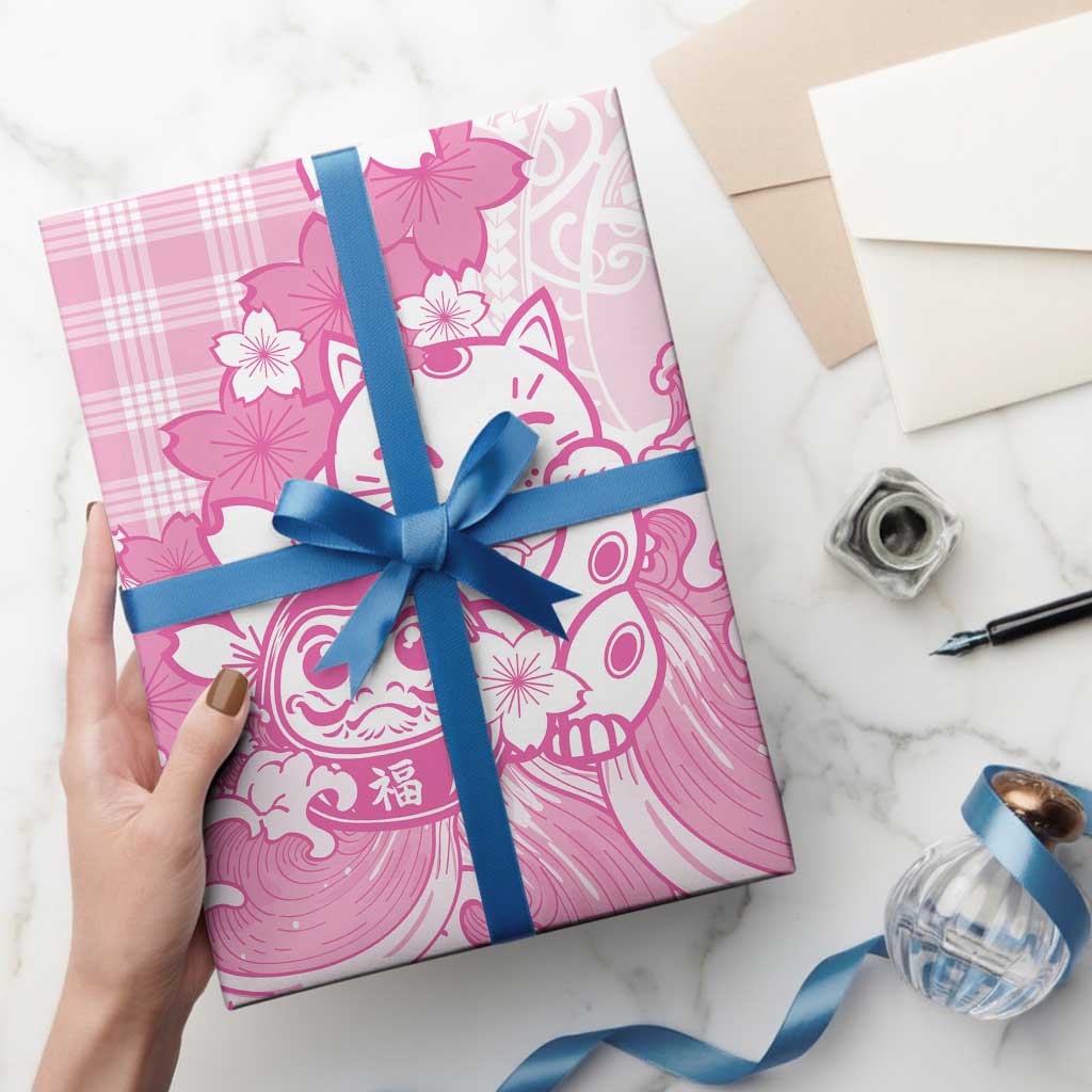 Pink Palaka Hawaiian And Japanese Wrapping Paper Maneki Neko And Sakura Bloom