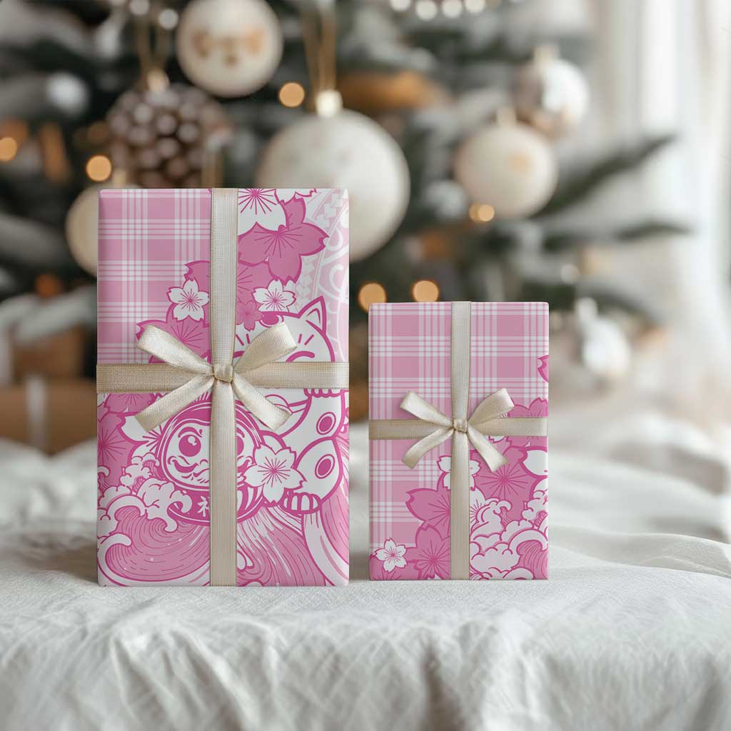 Pink Palaka Hawaiian And Japanese Wrapping Paper Maneki Neko And Sakura Bloom