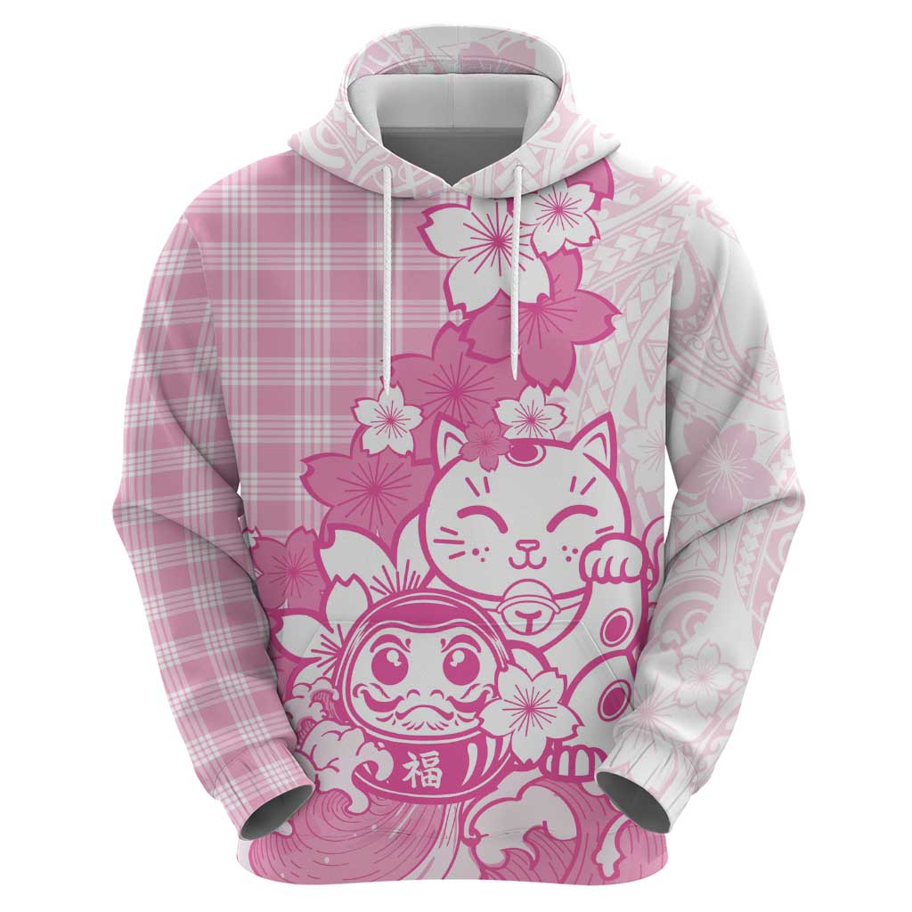 Pink Palaka Hawaiian And Japanese Zip Hoodie Maneki Neko And Sakura Bloom
