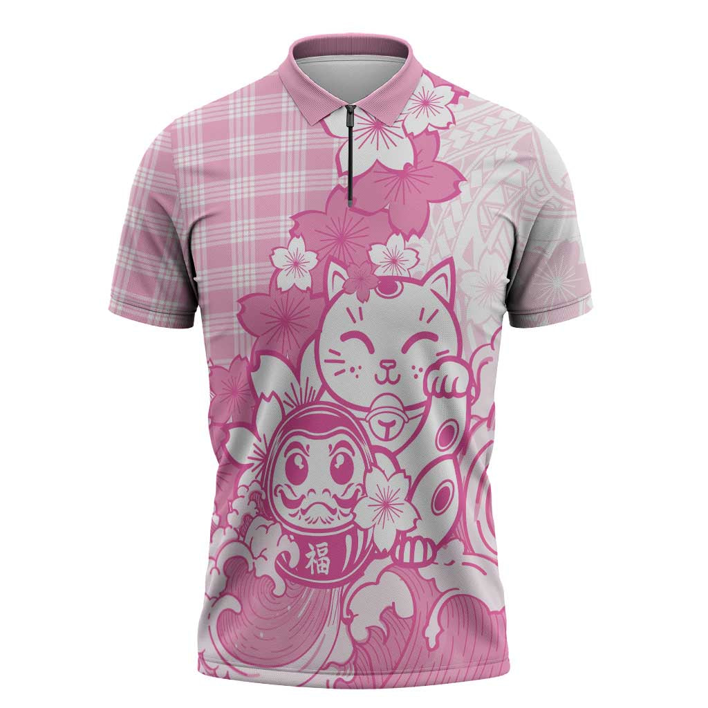Pink Palaka Hawaiian And Japanese Zipper Polo Shirt Maneki Neko And Sakura Bloom