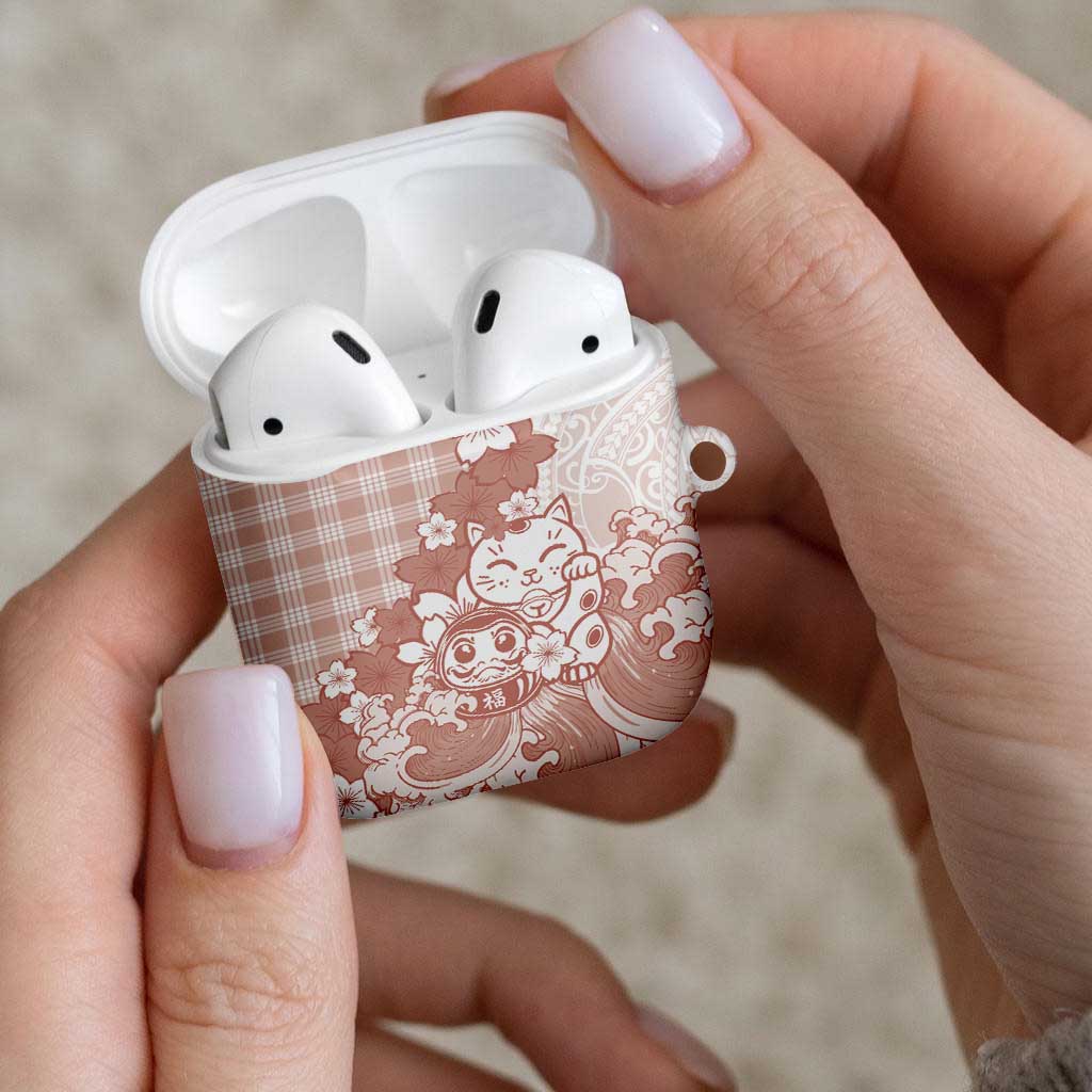 Beige Palaka Hawaiian And Japanese AirPods Case Maneki Neko And Sakura Bloom DT05 - Polynesian Pride