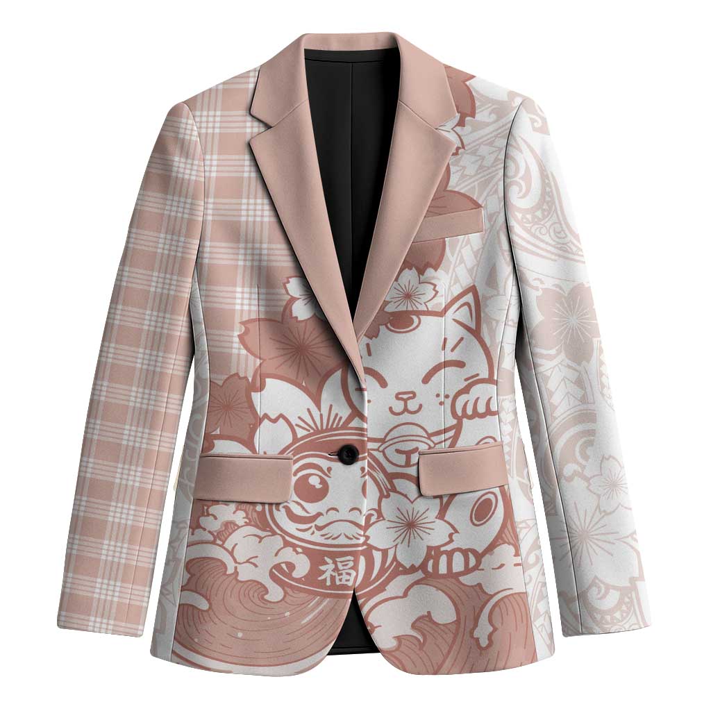 Beige Palaka Hawaiian And Japanese Blazer Maneki Neko And Sakura Bloom DT05 Unisex Beige - Polynesian Pride