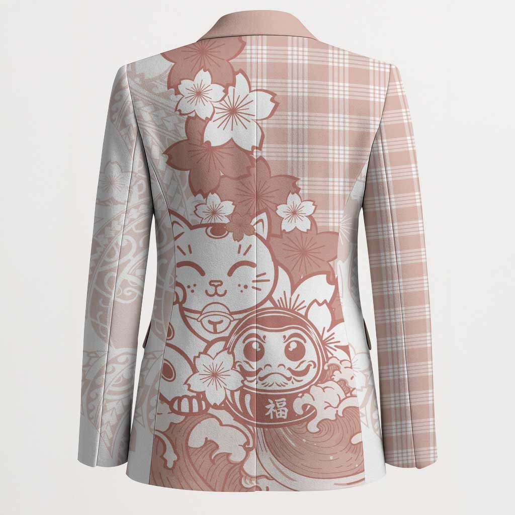 Beige Palaka Hawaiian And Japanese Blazer Maneki Neko And Sakura Bloom DT05 - Polynesian Pride