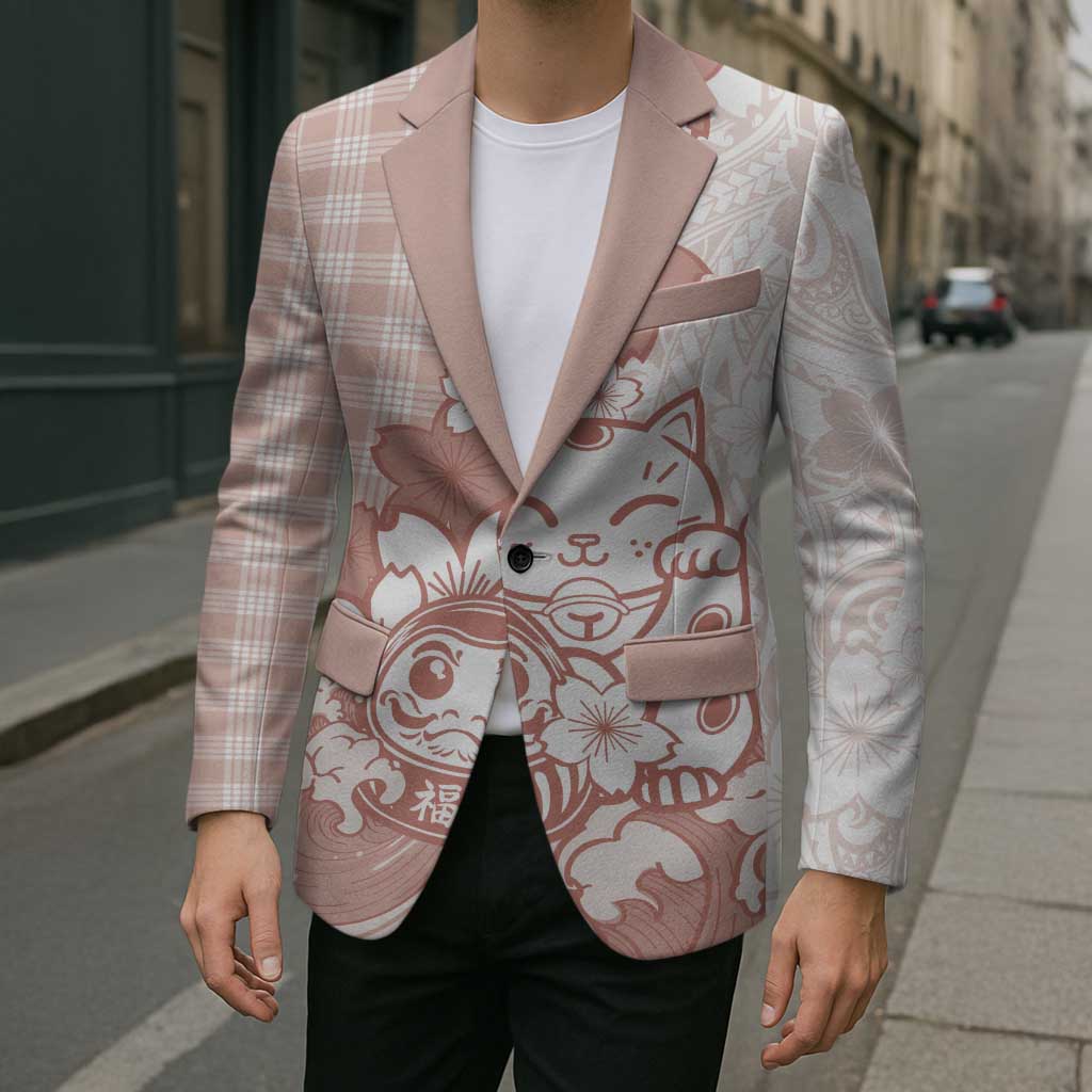 Beige Palaka Hawaiian And Japanese Blazer Maneki Neko And Sakura Bloom DT05 - Polynesian Pride