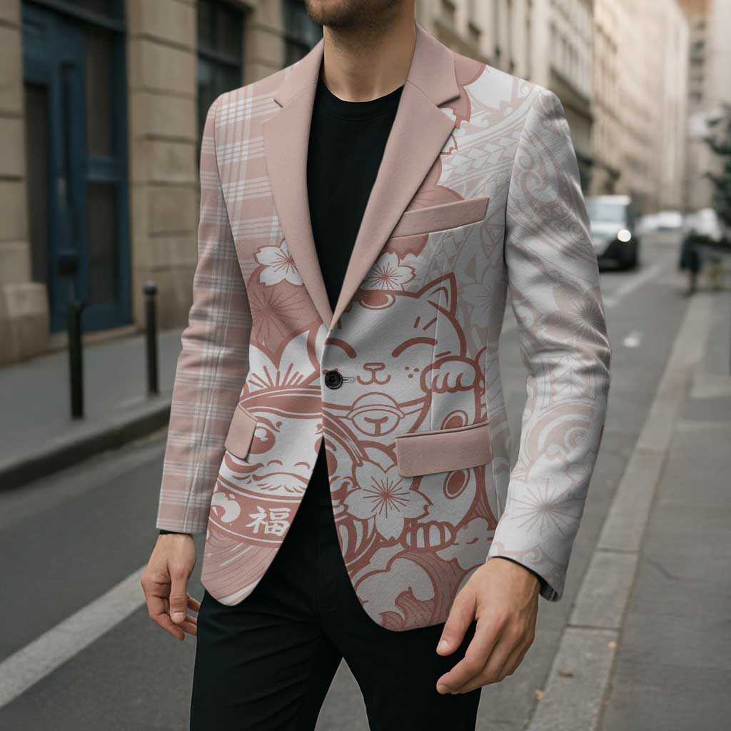 Beige Palaka Hawaiian And Japanese Blazer Maneki Neko And Sakura Bloom DT05 - Polynesian Pride