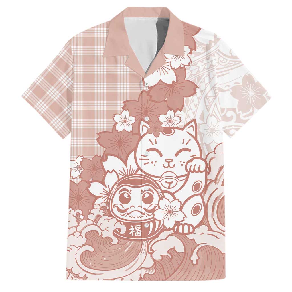 Beige Palaka Hawaiian And Japanese Family Matching Long Sleeve Bodycon Dress and Hawaiian Shirt Maneki Neko And Sakura Bloom DT05 Dad's Shirt - Short Sleeve Beige - Polynesian Pride