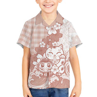 Beige Palaka Hawaiian And Japanese Family Matching Off Shoulder Maxi Dress and Hawaiian Shirt Maneki Neko And Sakura Bloom DT05 Son's Shirt Beige - Polynesian Pride