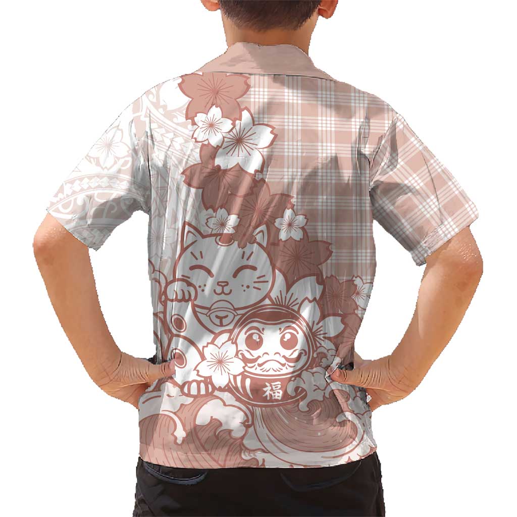 Beige Palaka Hawaiian And Japanese Family Matching Off Shoulder Short Dress and Hawaiian Shirt Maneki Neko And Sakura Bloom DT05 - Polynesian Pride