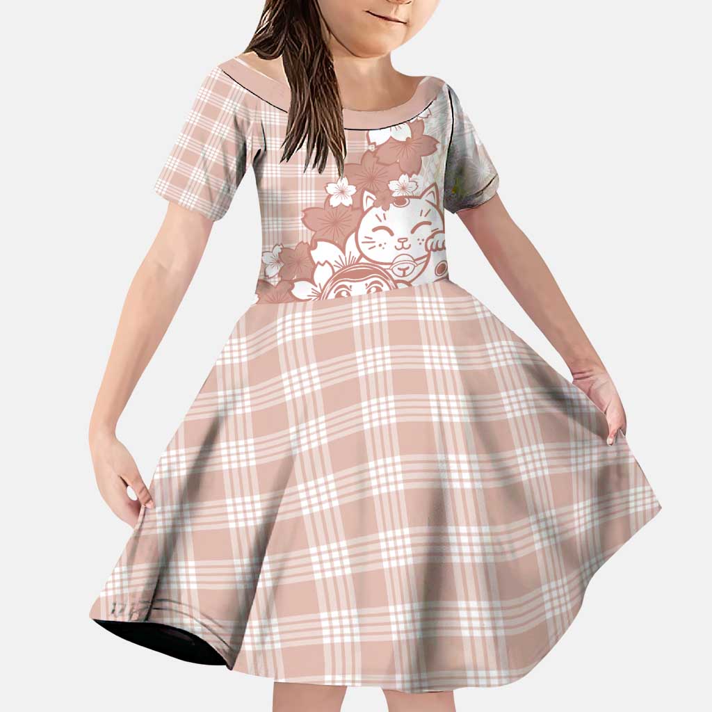 Beige Palaka Hawaiian And Japanese Family Matching Off Shoulder Short Dress and Hawaiian Shirt Maneki Neko And Sakura Bloom DT05 Daughter's Dress Beige - Polynesian Pride
