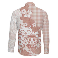 Beige Palaka Hawaiian And Japanese Family Matching Off Shoulder Short Dress and Hawaiian Shirt Maneki Neko And Sakura Bloom DT05 - Polynesian Pride