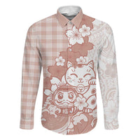 Beige Palaka Hawaiian And Japanese Family Matching Short Sleeve Bodycon Dress and Hawaiian Shirt Maneki Neko And Sakura Bloom DT05 Dad's Shirt - Long Sleeve Beige - Polynesian Pride