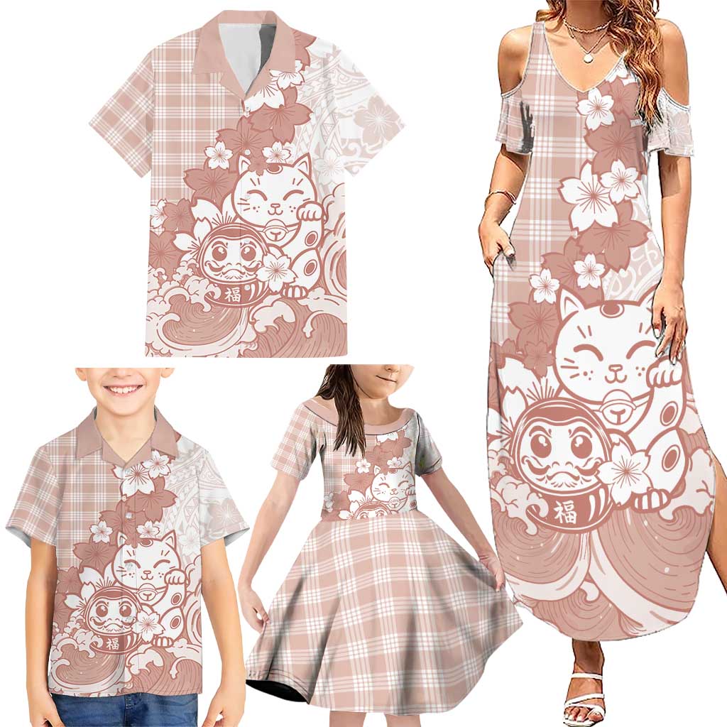 Beige Palaka Hawaiian And Japanese Family Matching Summer Maxi Dress and Hawaiian Shirt Maneki Neko And Sakura Bloom