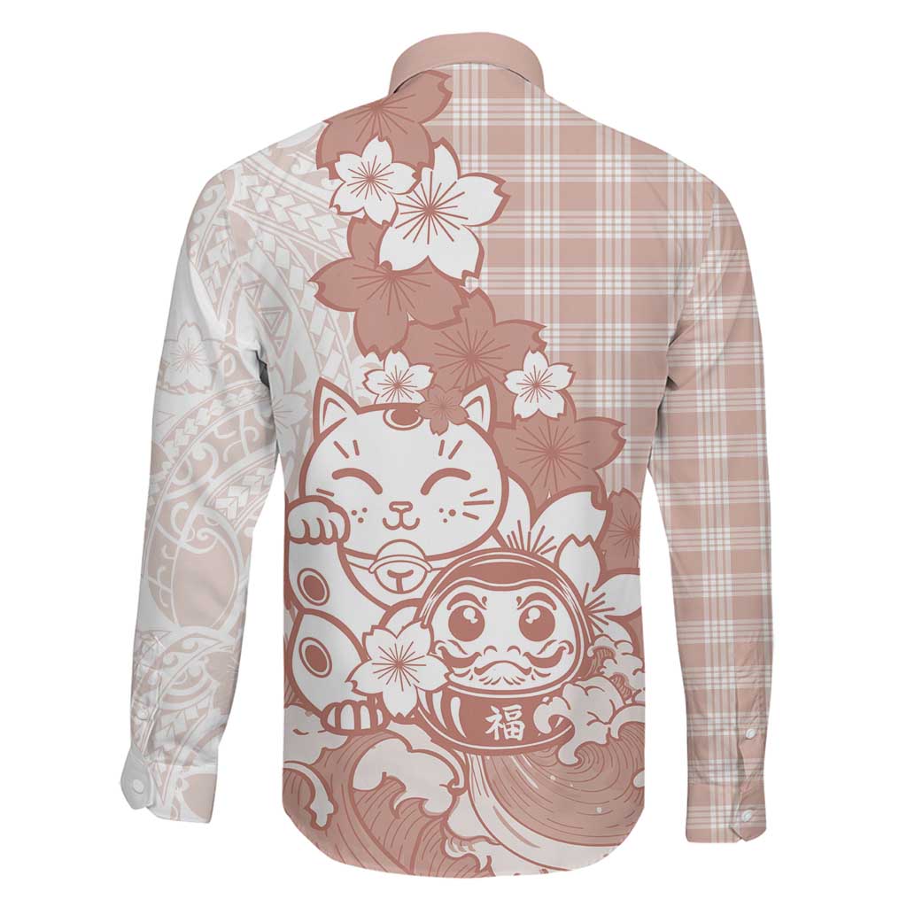 Beige Palaka Hawaiian And Japanese Family Matching Summer Maxi Dress and Hawaiian Shirt Maneki Neko And Sakura Bloom DT05 - Polynesian Pride