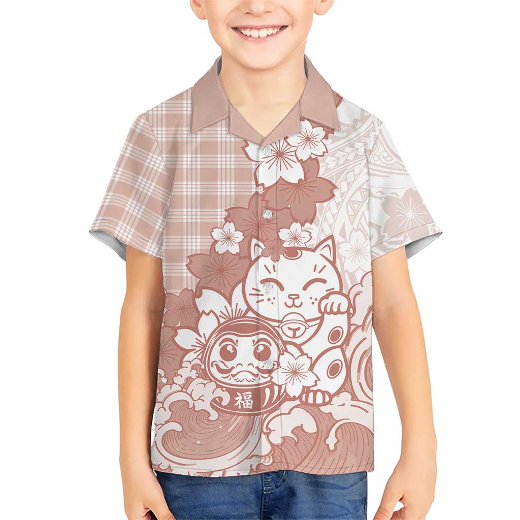 Beige Palaka Hawaiian And Japanese Family Matching Tank Maxi Dress and Hawaiian Shirt Maneki Neko And Sakura Bloom DT05 Son's Shirt Beige - Polynesian Pride