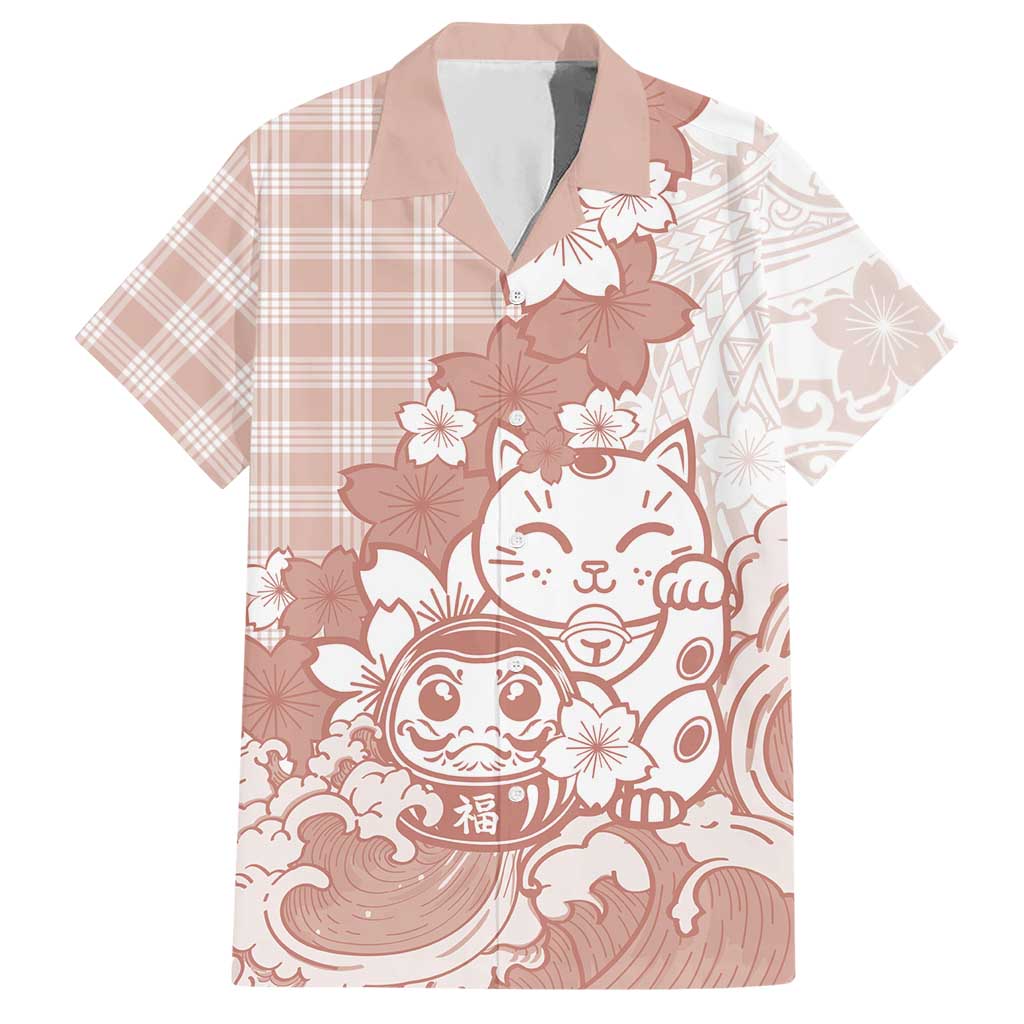 Beige Palaka Hawaiian And Japanese Hawaiian Shirt Maneki Neko And Sakura Bloom