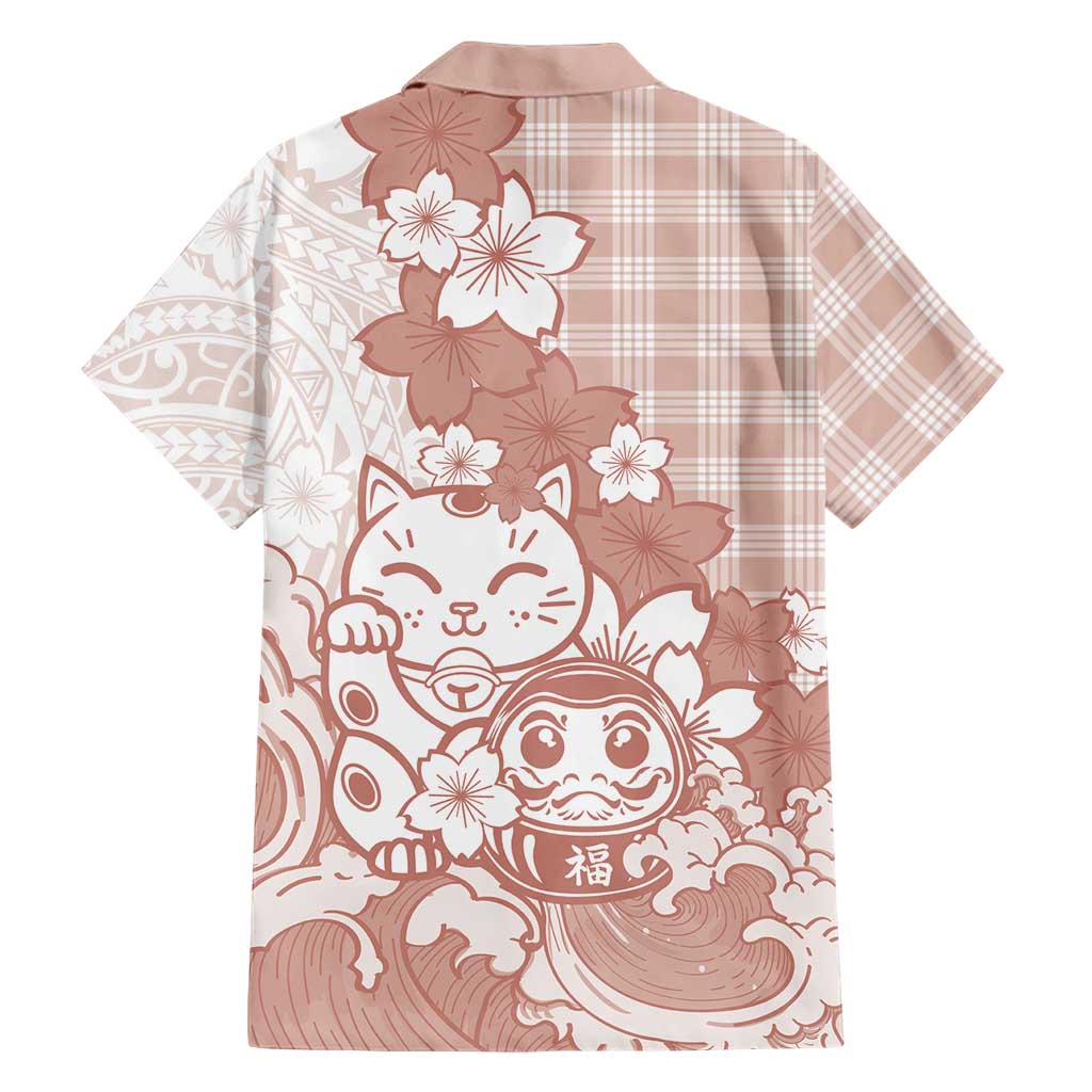 Beige Palaka Hawaiian And Japanese Hawaiian Shirt Maneki Neko And Sakura Bloom