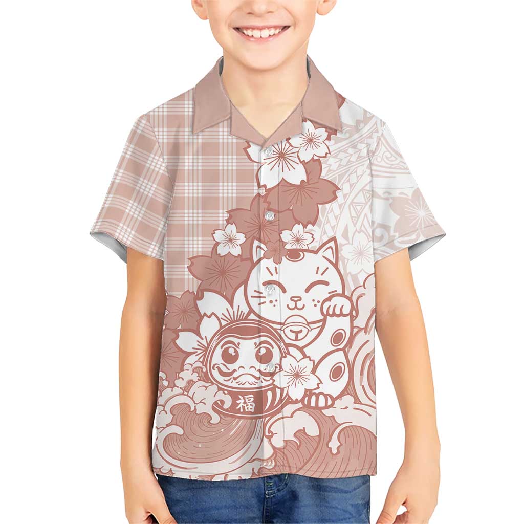 Beige Palaka Hawaiian And Japanese Hawaiian Shirt Maneki Neko And Sakura Bloom