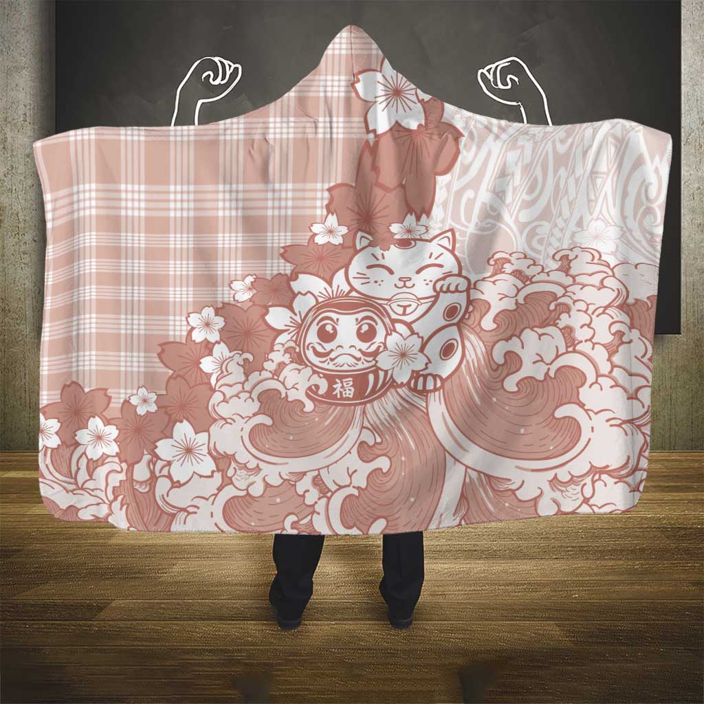 Beige Palaka Hawaiian And Japanese Hooded Blanket Maneki Neko And Sakura Bloom