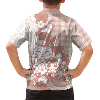 Beige Palaka Hawaiian And Japanese Kid Hawaiian Shirt Maneki Neko And Sakura Bloom DT05 - Polynesian Pride