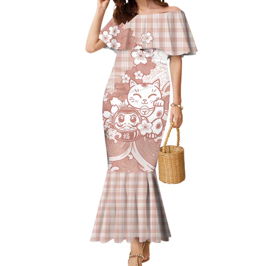 Beige Palaka Hawaiian And Japanese Mermaid Dress Maneki Neko And Sakura Bloom