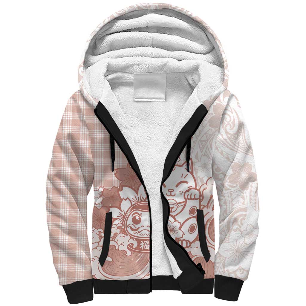 Beige Palaka Hawaiian And Japanese Sherpa Hoodie Maneki Neko And Sakura Bloom
