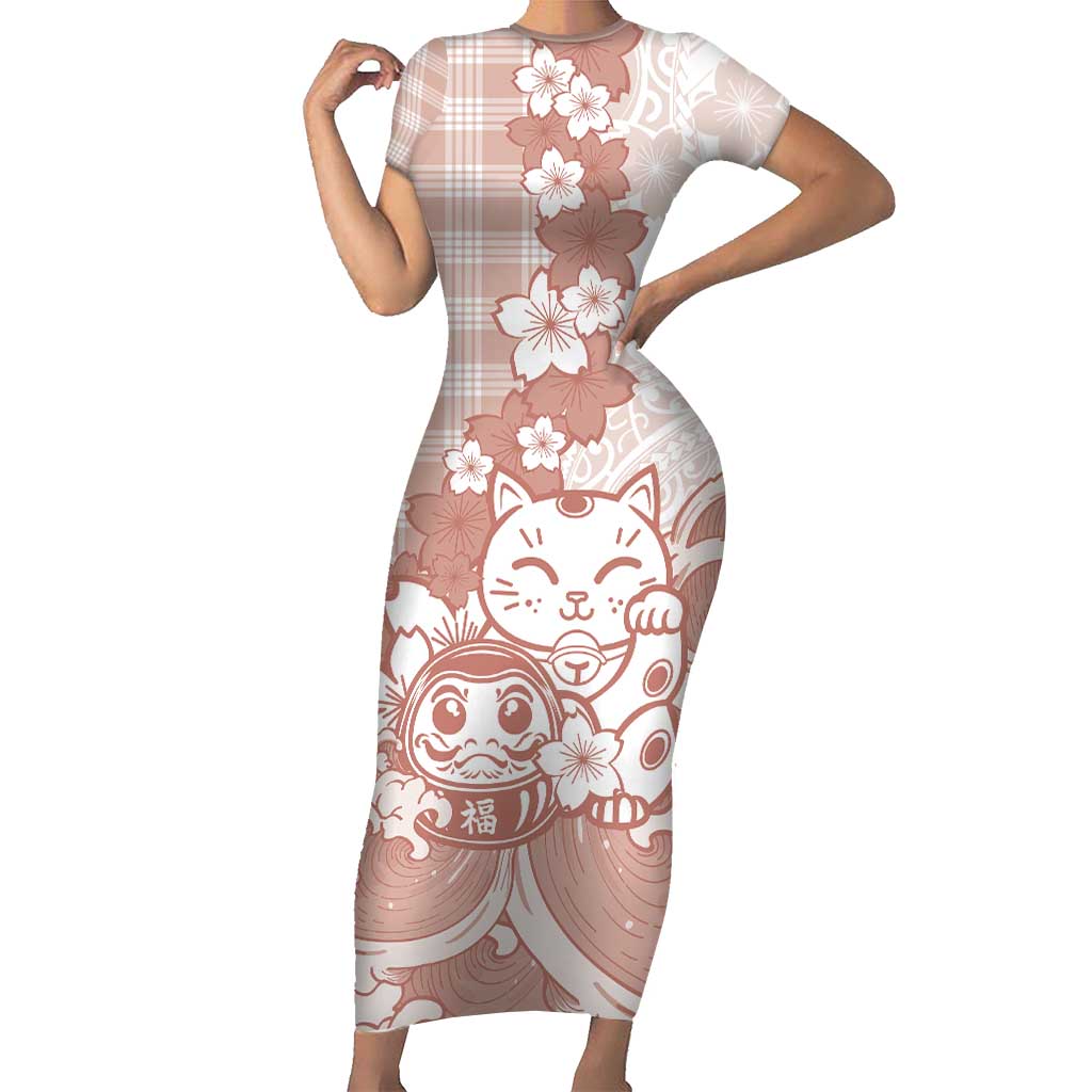 Beige Palaka Hawaiian And Japanese Short Sleeve Bodycon Dress Maneki Neko And Sakura Bloom DT05 Long Dress Beige - Polynesian Pride